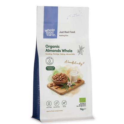 Whole Food Earth organic whole almonds, natural nuts and seeds, shown in a close-up image with fresh, unroasted almonds.