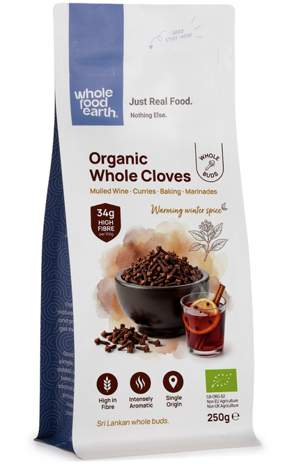 Organic Whole Cloves from Whole Food Earth, whole dried spice with dark brown color and star-shaped buds, used for cooking and baking.