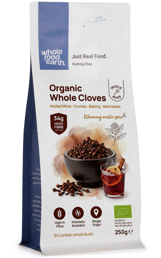 Organic Whole Cloves from Whole Food Earth, whole dried spice with dark brown color and star-shaped buds, used for cooking and baking.