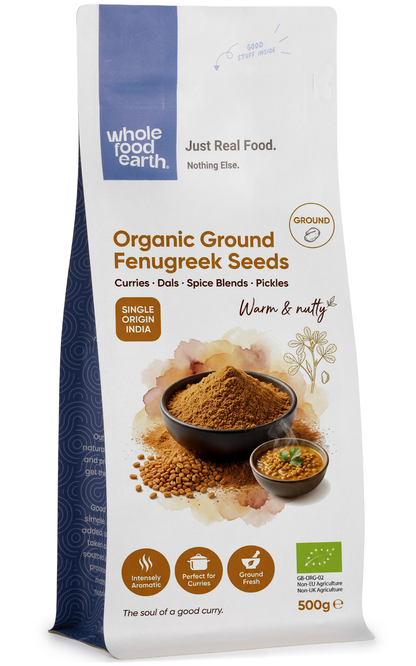 Organic ground fenugreek seeds from Whole Food Earth, a fine spice powder used in herbs and spices culinary dishes.