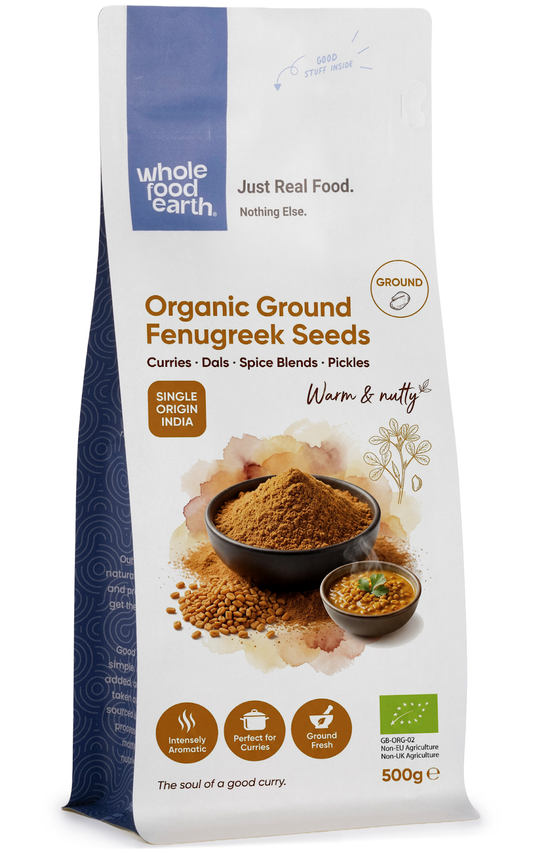 Organic ground fenugreek seeds from Whole Food Earth, a fine spice powder used in herbs and spices culinary dishes.