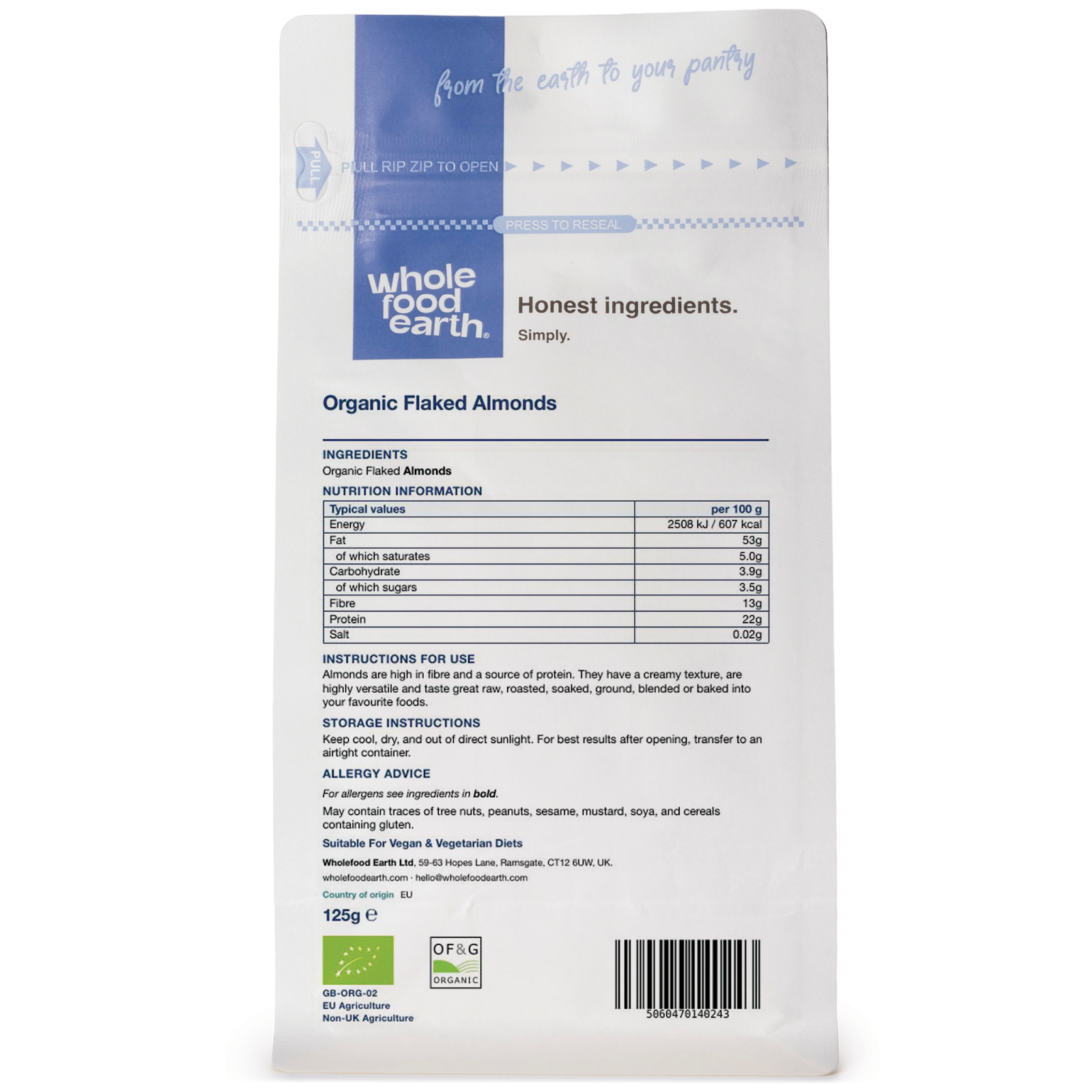 Organic flaked almonds from Whole Food Earth, close-up of golden sliced almonds on a white background, perfect for baking or snacking.