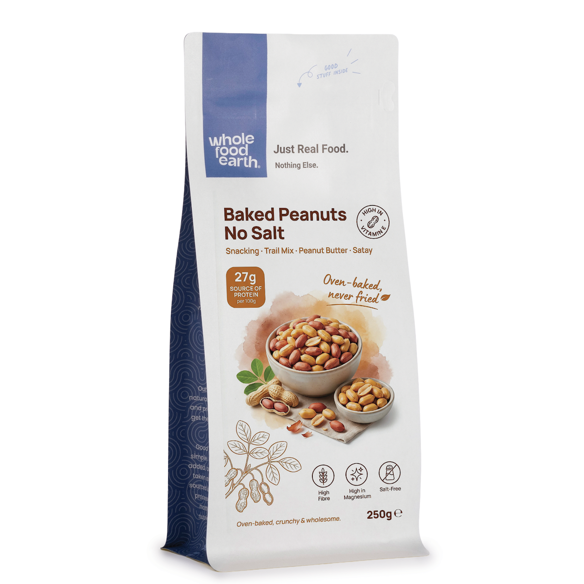 Baked unsalted peanuts from Whole Food Earth, a healthy nuts and seeds snack with golden roasted peanuts in a bowl