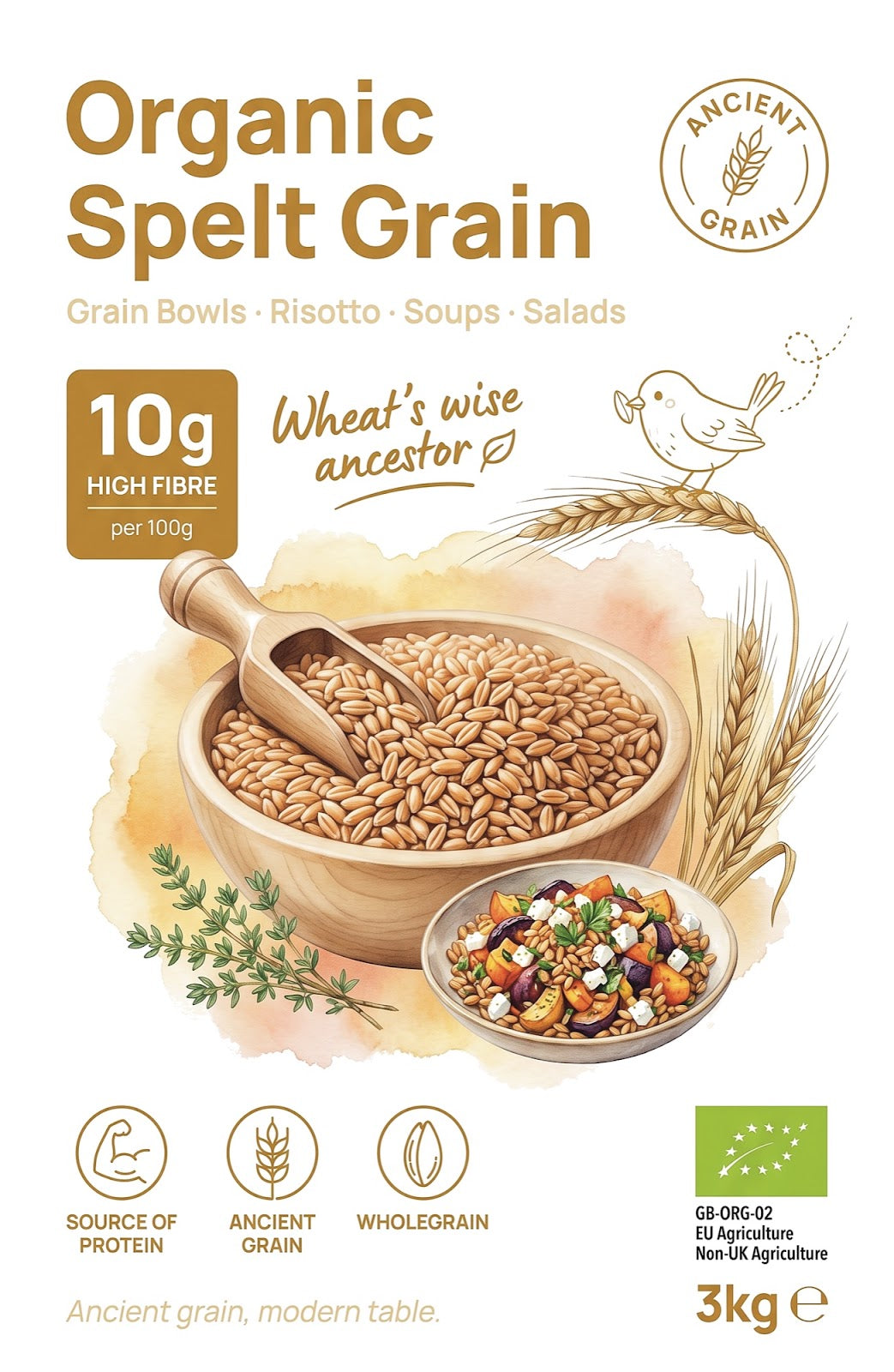 Organic spelt grain from Whole Food Earth, displaying whole, unprocessed spelt grains in a clear, close-up view.