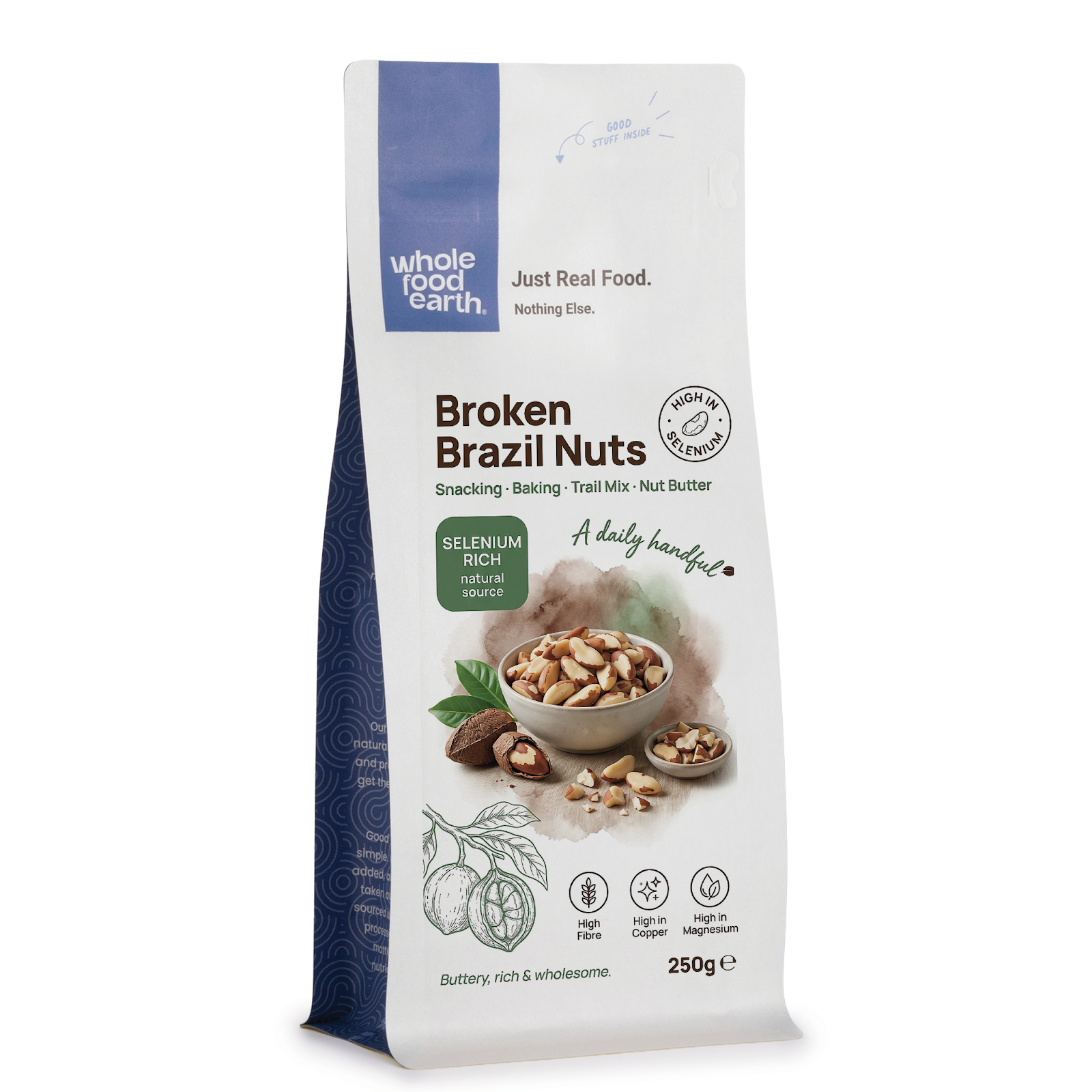 Broken Brazil nuts from Whole Food Earth, showing irregular pieces and nut fragments in a natural, raw state.