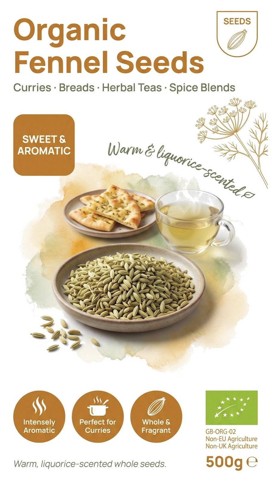 Organic fennel seeds from Whole Food Earth, showcasing small, greenish-brown herb seeds commonly used in cooking and spice blends.