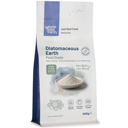 Food grade diatomaceous earth mineral from Whole Food Earth, showing fine white powder in a clear container.