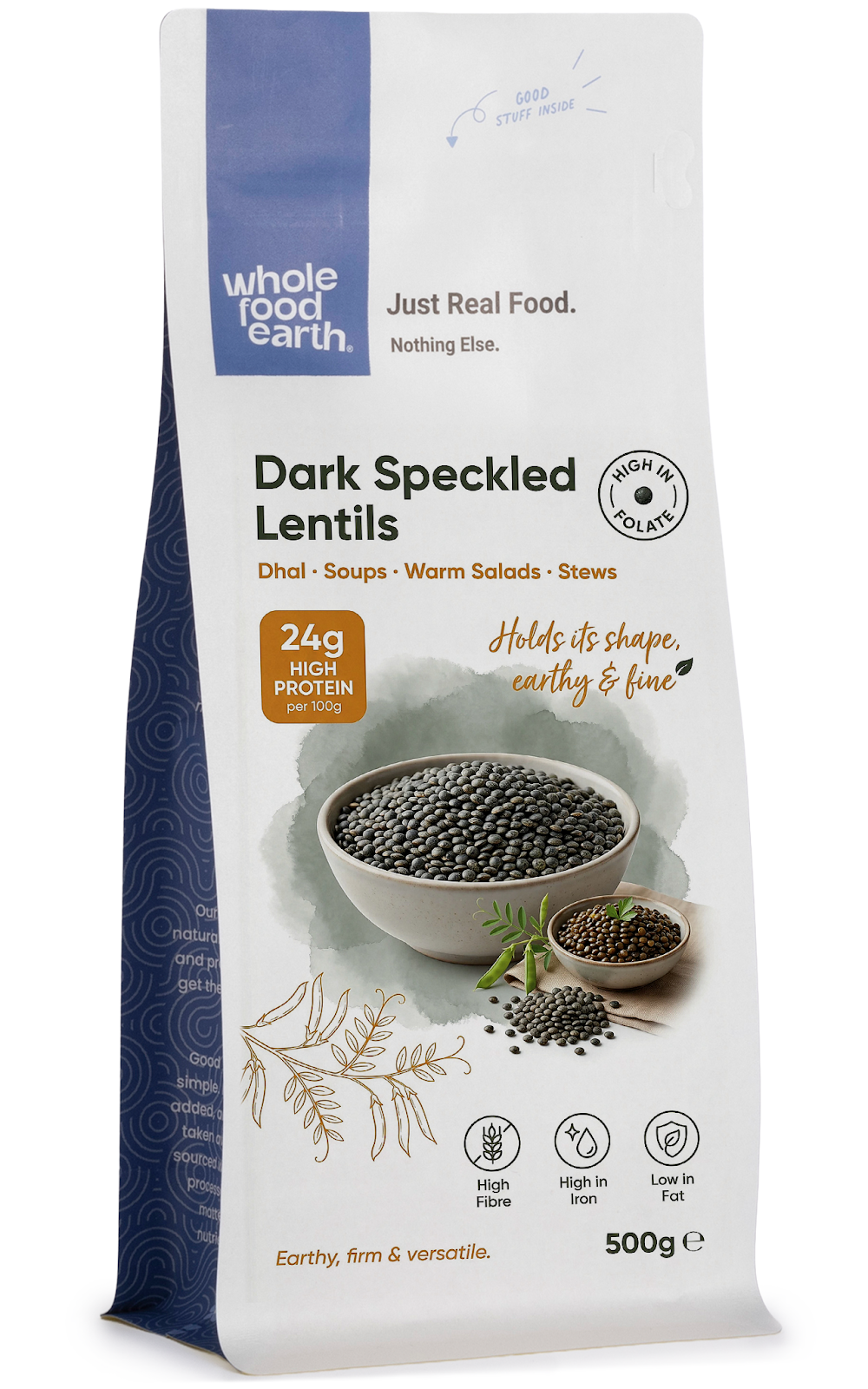 Dark speckled lentils from Whole Food Earth, close-up of dried beans and pulses with speckled brown and black coloration.