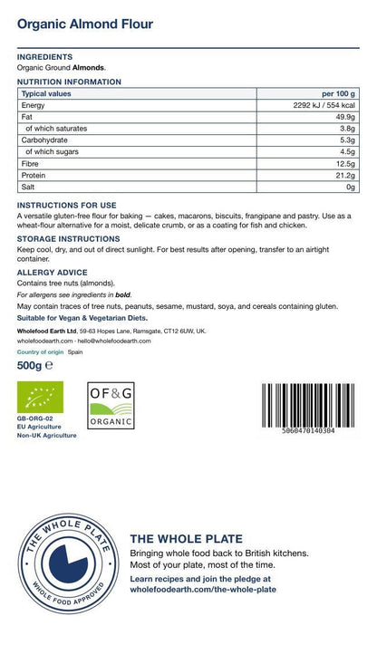Organic almond flour in a clear bag from Whole Food Earth, showing fine, light-colored almond powder on a white background.