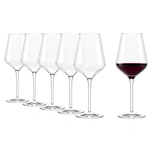 Set of six Stolzle Lausitz Quatrophil red wine glasses, 570ml capacity, elegant glassware for wine tasting and serving.