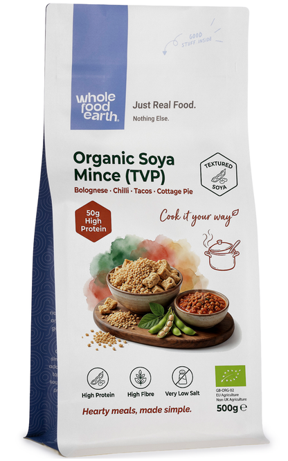 Organic Soya Mince (TVP) from Whole Food Earth, displayed in a bowl with rice and couscous, ready for cooking or serving.