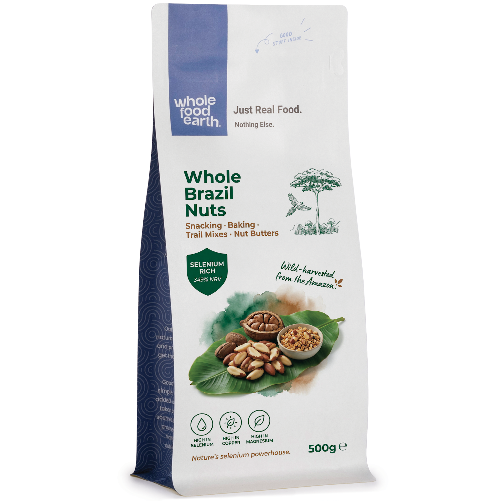 Whole Food Earth whole Brazil nuts, a natural nuts and seeds product, shown in a close-up image highlighting their large, crunchy texture.