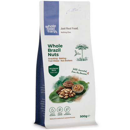 Whole Food Earth whole Brazil nuts, a natural nuts and seeds product, shown in a close-up image highlighting their large, crunchy texture.