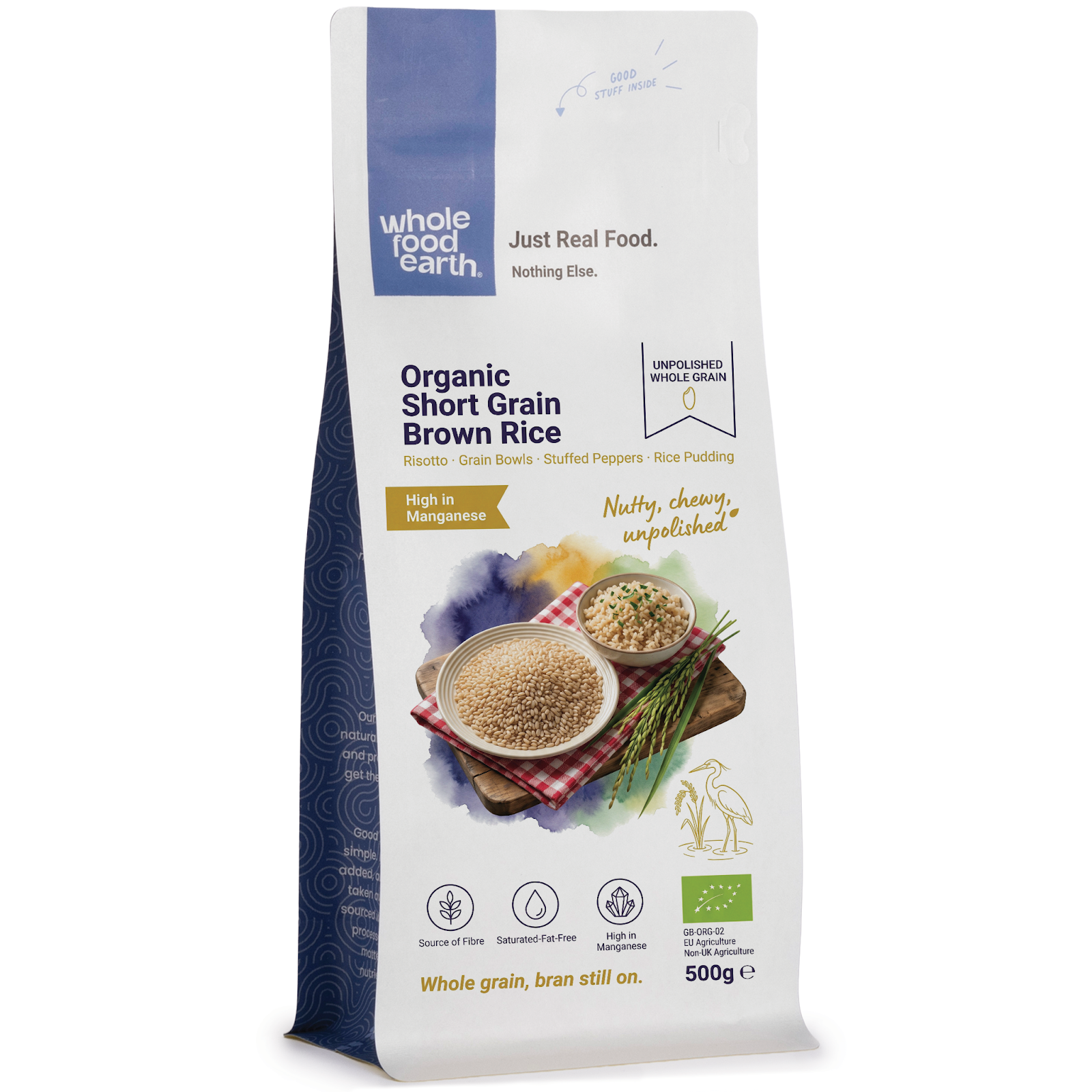 Organic short grain brown rice from Whole Food Earth, showing plump, light brown rice grains on a clean background.
