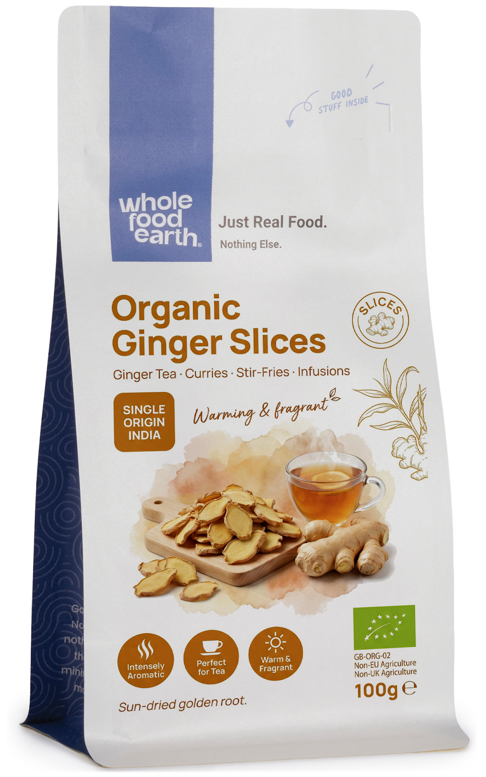 Organic ginger slices from Whole Food Earth, fresh herbs and spices for cooking and herbal remedies.