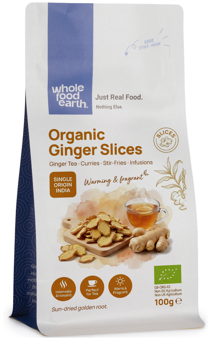 Organic ginger slices from Whole Food Earth, fresh herbs and spices for cooking and herbal remedies.
