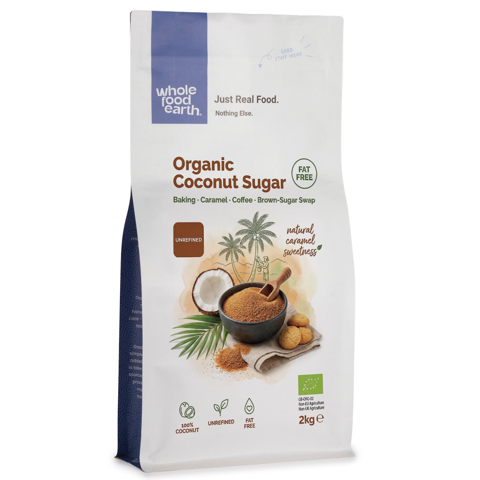 Organic coconut sugar from Whole Food Earth, showing a jar of natural brown coconut sugar crystals on a wooden surface.