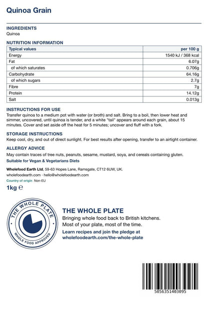 Whole Food Earth quinoa grain in a clear bowl, showcasing small, round, light-colored quinoa seeds on a neutral background.