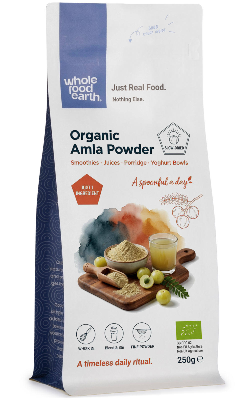 Organic Amla powder from Whole Food Earth in a clear jar, showing vibrant green herbal spice with a textured powder appearance.