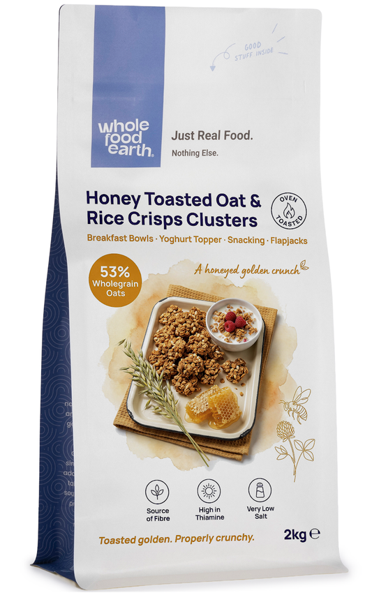 Honey Toasted Oat and Rice Crisps Clusters from Whole Food Earth, nuts and seeds snack with golden toasted appearance