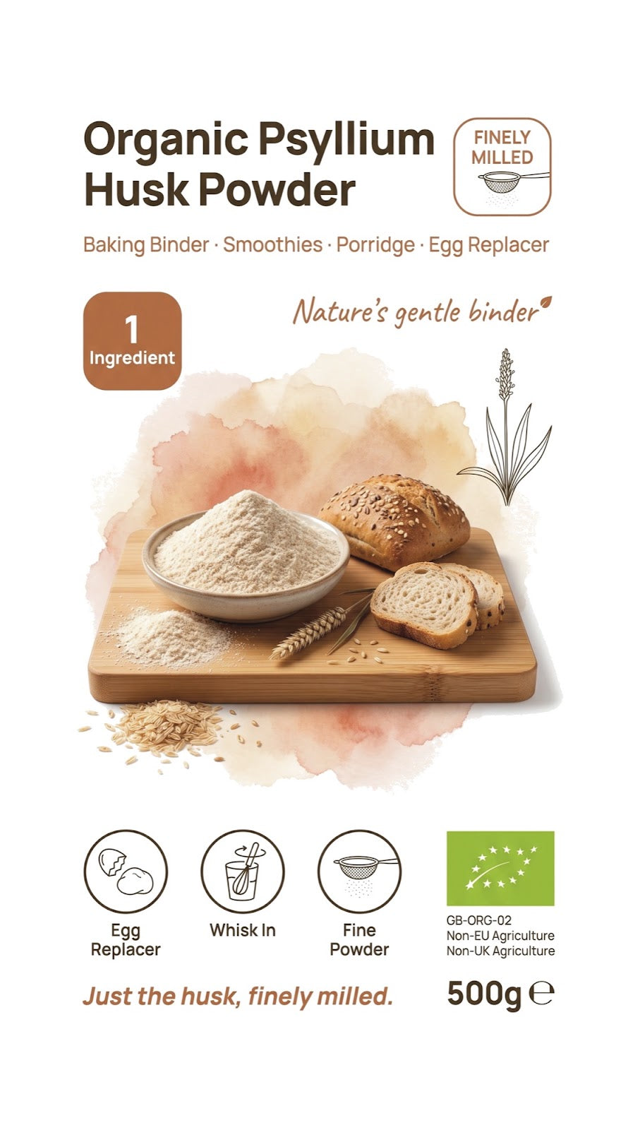 Organic Psyllium Husk Powder from Whole Food Earth, a specialty dietary supplement in a clear plastic bag.