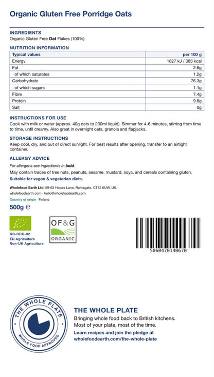 Organic gluten-free porridge oats in a clear bowl, showing whole oats from Whole Food Earth cereal brand.