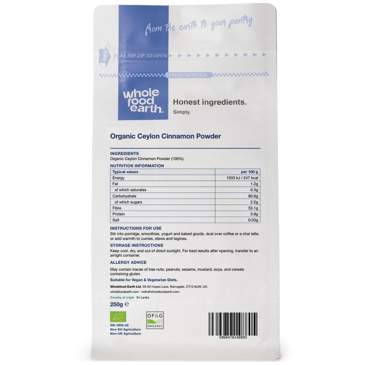Organic Ceylon cinnamon powder from Whole Food Earth, fine ground herbal spice in a clear jar, highlighting its rich brown color.