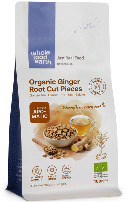 Organic ginger root cut pieces from Whole Food Earth, fresh herbal spice showing sliced ginger in natural light.