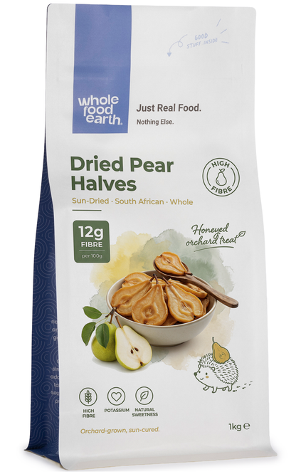 Dried pear halves from Whole Food Earth, a natural dried fruit snack with ripe, sliced dried pears.