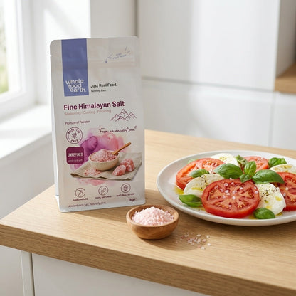 Crystalline Himalayan salt crystals from Whole Food Earth, fine mineral salt with pinkish hue and natural texture.