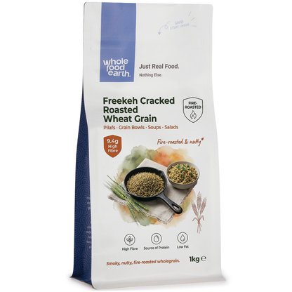 Whole Food Earth cracked freekeh roasted wheat grains in a 1kg package, showing the textured, golden cracked wheat grains.