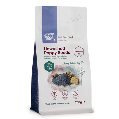 Unwashed Whole Food Earth Poppy Seeds in a clear jar, showing small, dark seeds ideal for baking and garnishing.