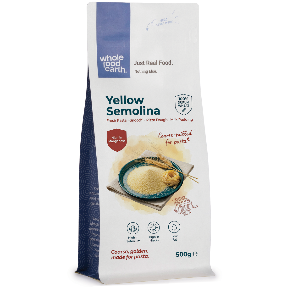 Yellow semolina flour from Whole Food Earth, showing a mound of bright yellow coarse grain on a wooden surface.