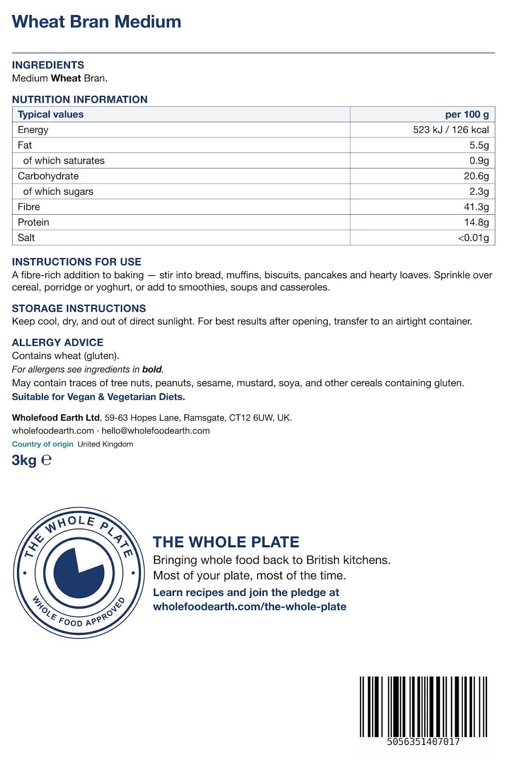 Whole Food Earth Wheat Bran Medium cereal in a bowl, showing the textured, light brown bran flakes on a white background.