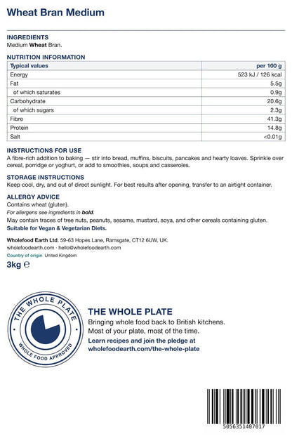 Whole Food Earth Wheat Bran Medium cereal in a bowl, showing the textured, light brown bran flakes on a white background.