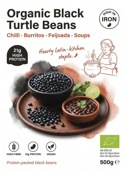 Organic black turtle beans from Whole Food Earth, close-up of cooked beans in a bowl showing shiny black beans and smooth texture.
