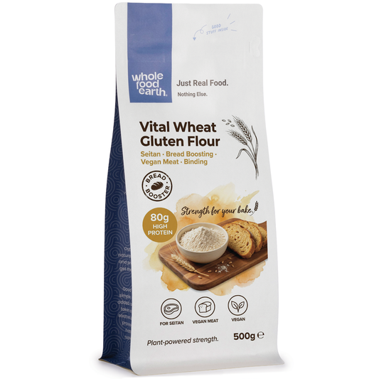 Vital wheat gluten flour by Whole Food Earth, a high-protein flour for baking and plant-based recipes, shown in a close-up image.