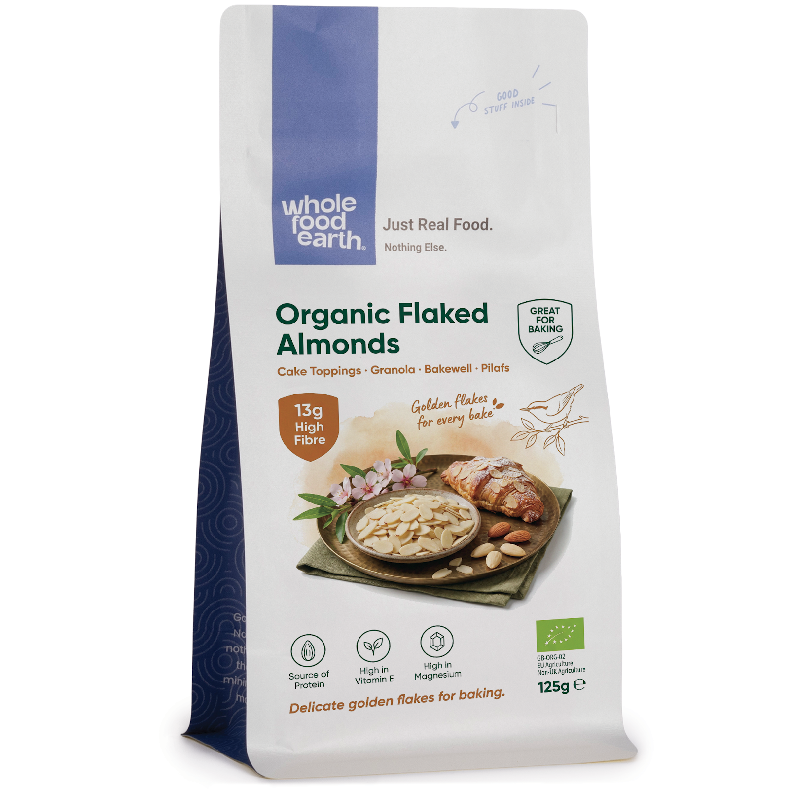Organic flaked almonds from Whole Food Earth, sliced and ready for baking or snacking, in a clear container.