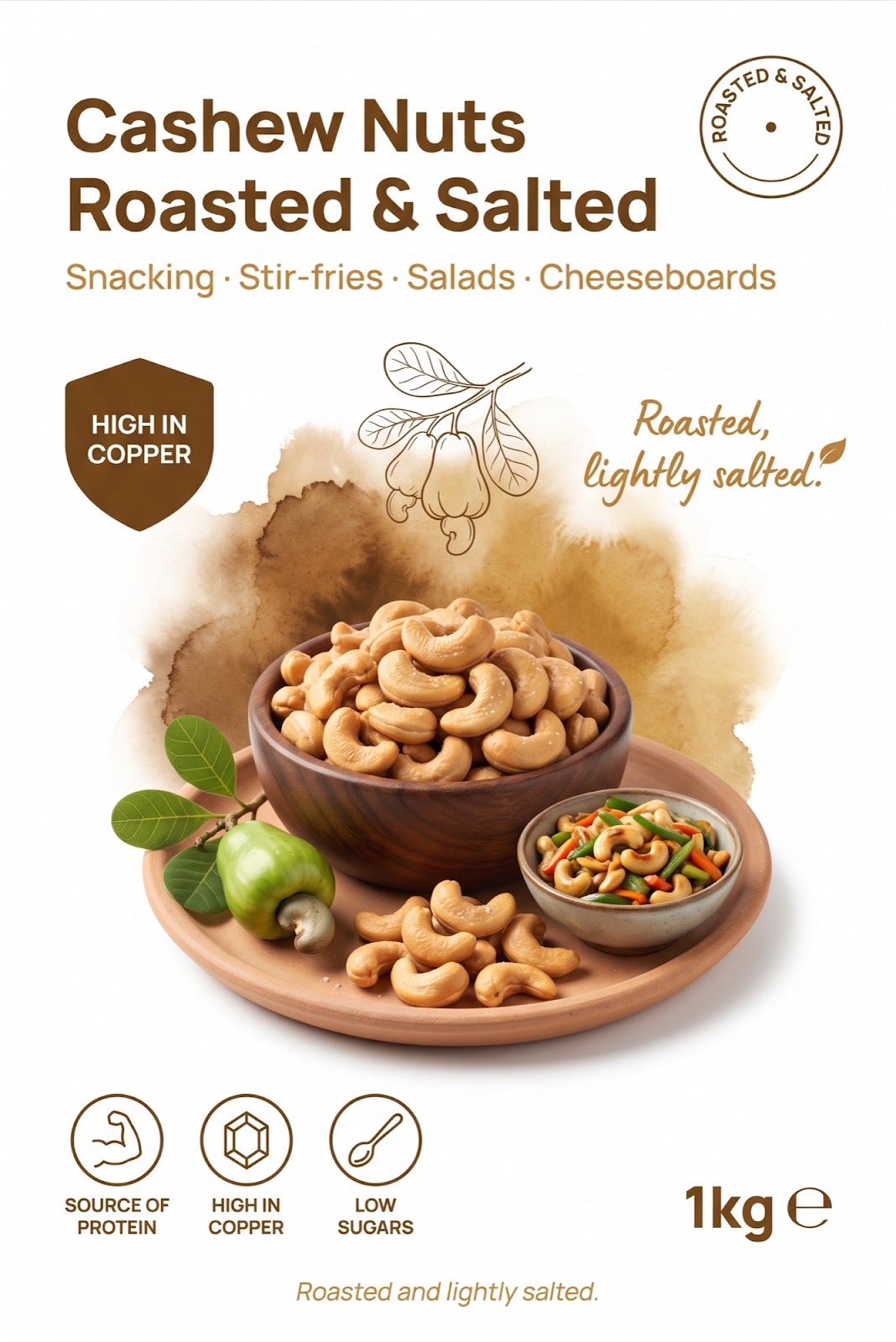 Roasted and salted cashew nuts from Whole Food Earth, showing a close-up of light golden, crunchy nuts in a bowl.