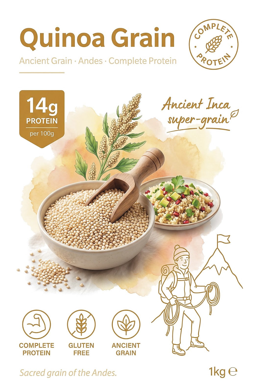 Whole Food Earth quinoa grain in a clear bowl, showing small, round, light-colored quinoa seeds on a wooden surface.