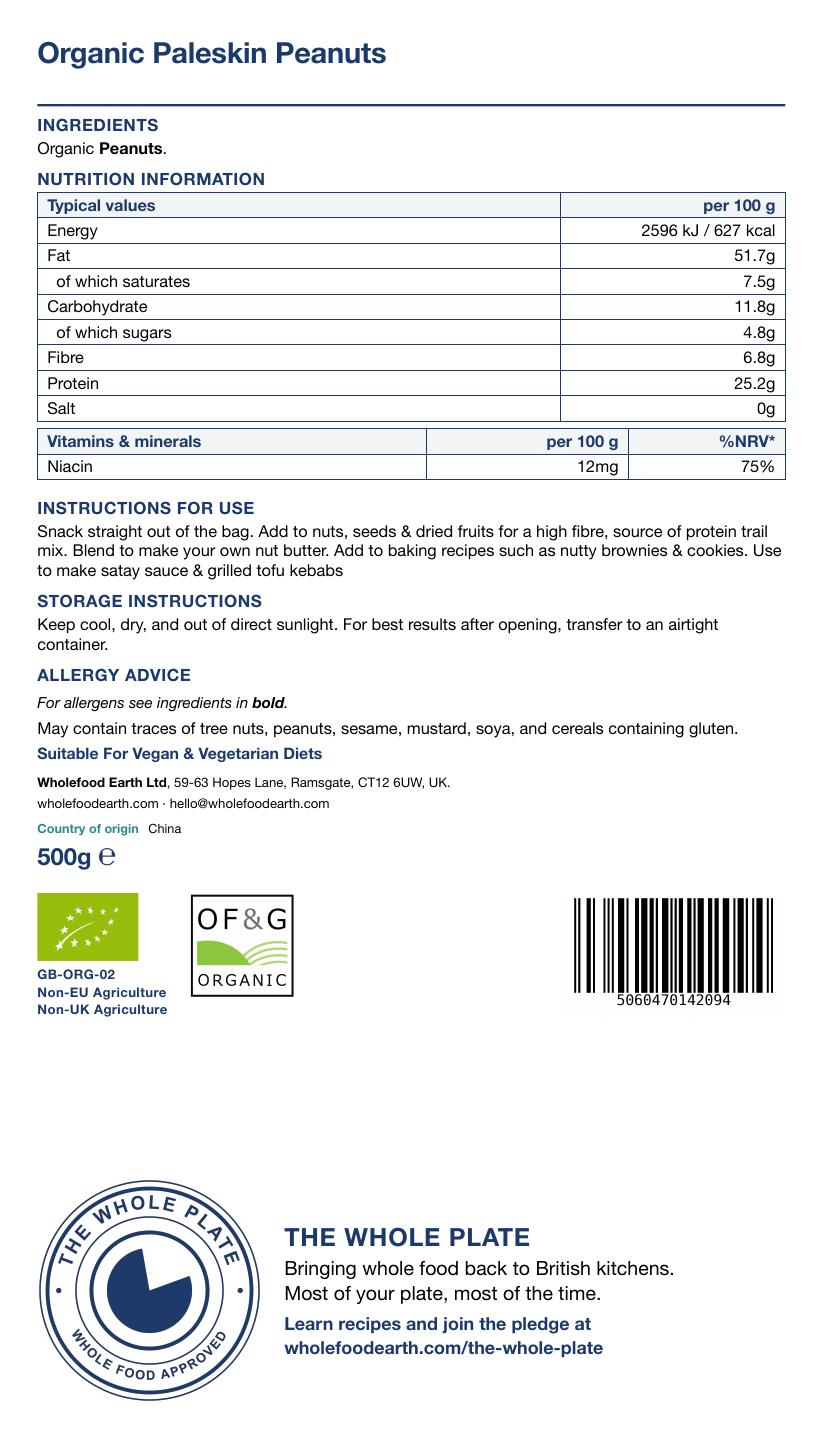 Whole Food Earth Organic Paleskin Peanuts in a bowl, showcasing fresh, raw nuts and seeds with a light brown shell.