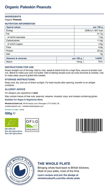 Whole Food Earth Organic Paleskin Peanuts in a bowl, showcasing fresh, raw nuts and seeds with a light brown shell.