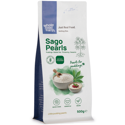 Whole Food Earth sago pearls in a clear bowl, showcasing small, round, translucent grains used as a gluten-free flour and grain ingredient.