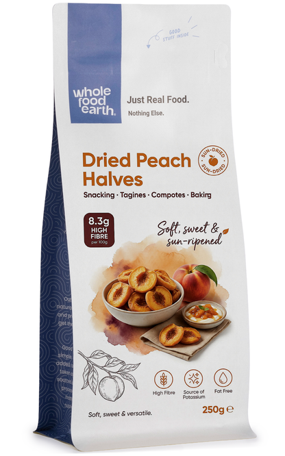 Dried peach halves from Whole Food Earth, showcasing vibrant orange dried fruits with a natural, slightly wrinkled texture.