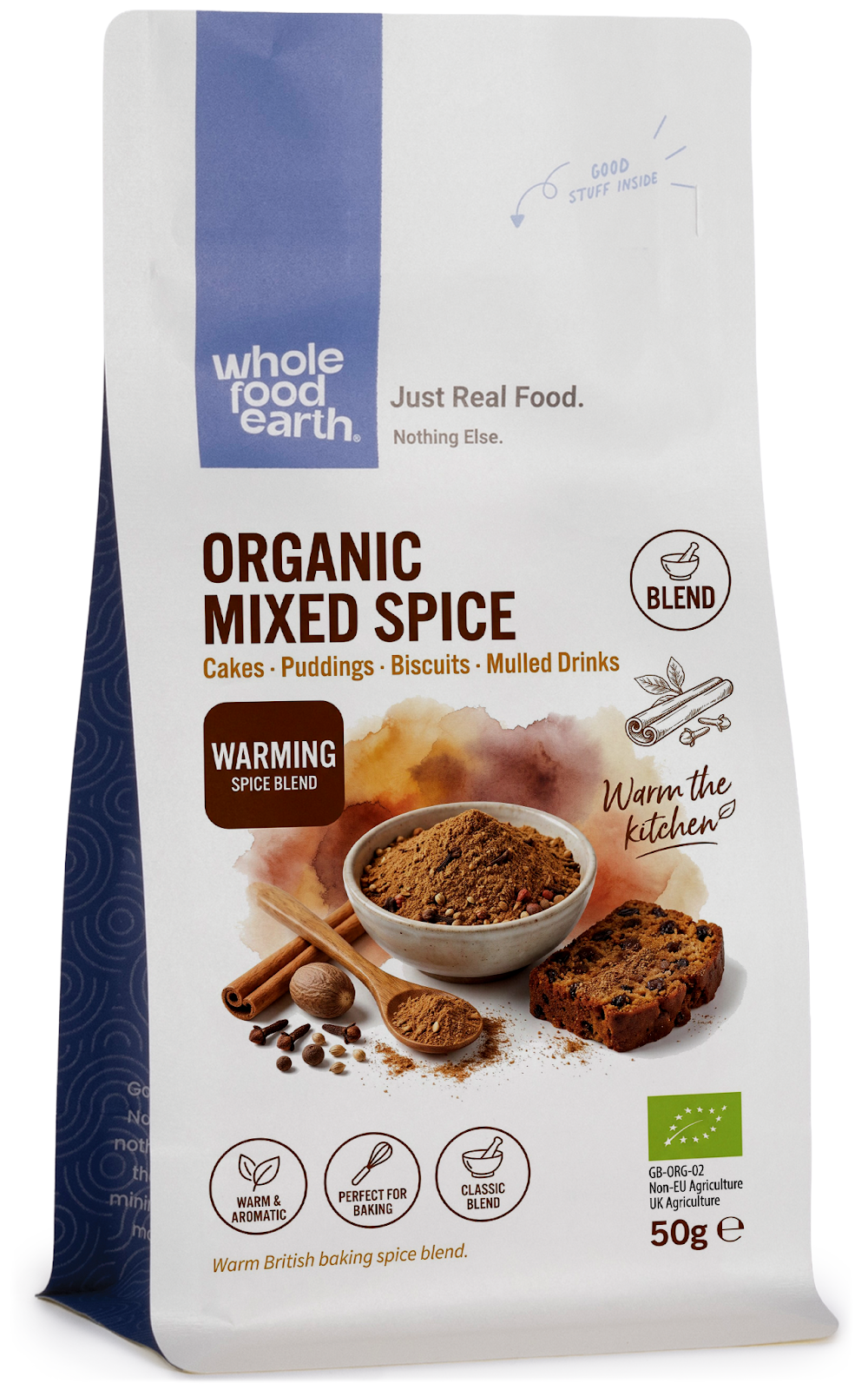 Organic mixed herbs and spices from Whole Food Earth, featuring a colorful blend of dried herbs and seasonings in a glass jar.