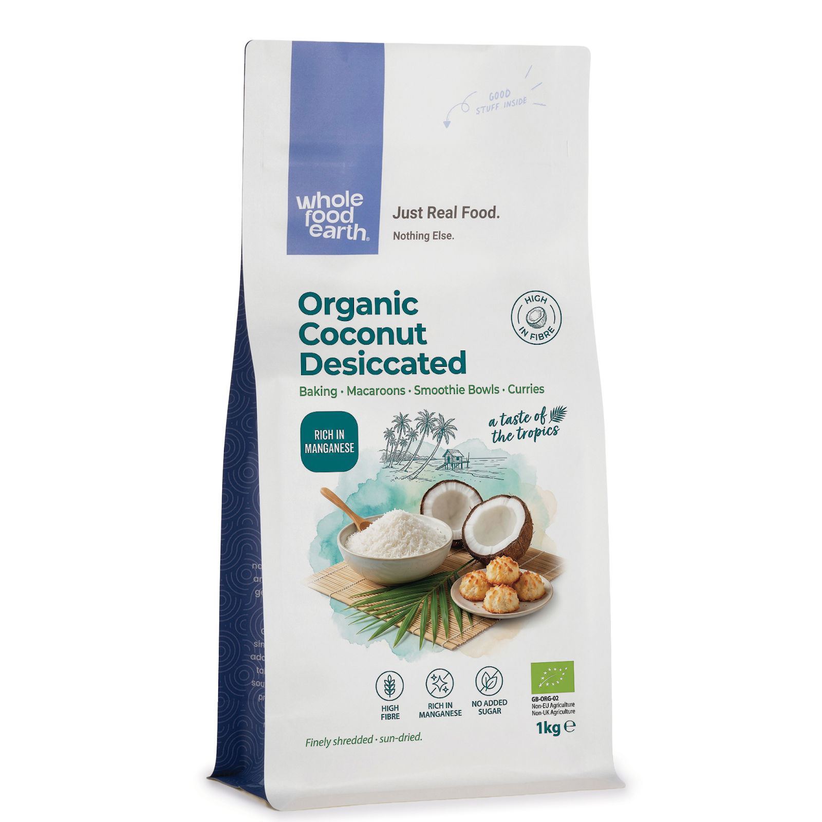 Organic coconut desiccated flakes from Whole Food Earth, showing dried shredded coconut on a neutral background.