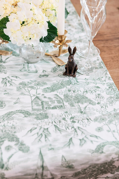 Avalon Home UK Lake District Toile table runner with traditional blue and white pattern on fabric, perfect for rustic dining decor.