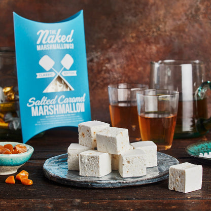 Salted caramel gourmet marshmallows by THE MARSHMALLOW FACTORY with visible soft, fluffy marshmallow texture and caramel drizzle.