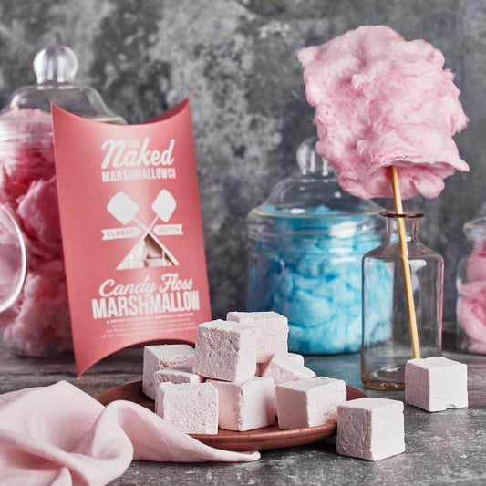 Gourmet Candy Floss Marshmallows by THE MARSHMALLOW FACTORY, featuring soft, fluffy, pink and white marshmallows on a white background.