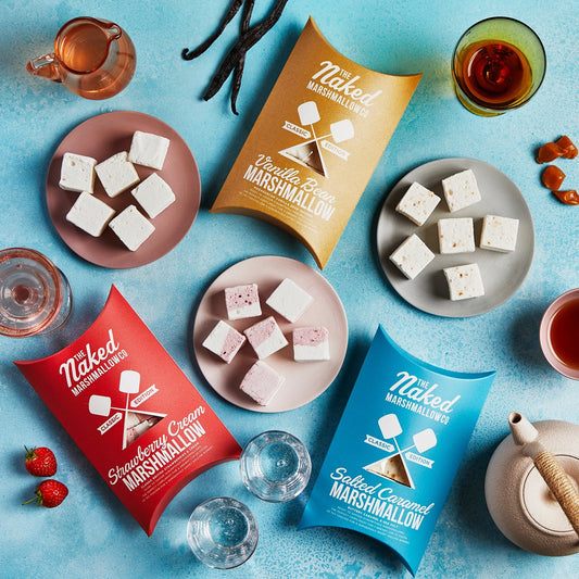 Three classic gourmet marshmallows from THE MARSHMALLOW FACTORY in natural colors on a neutral background.
